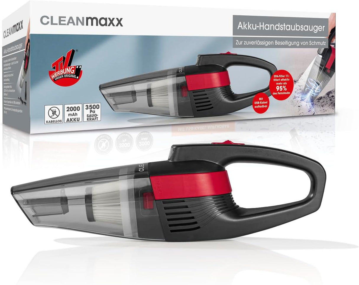 CLEANmaxx Akku-Handstaubsauger kabellos mit 3500 Pa Saugkraft, LED-Beleuchtung, Fugendüse, EPA-Filter 11 und USB-Ladekabel