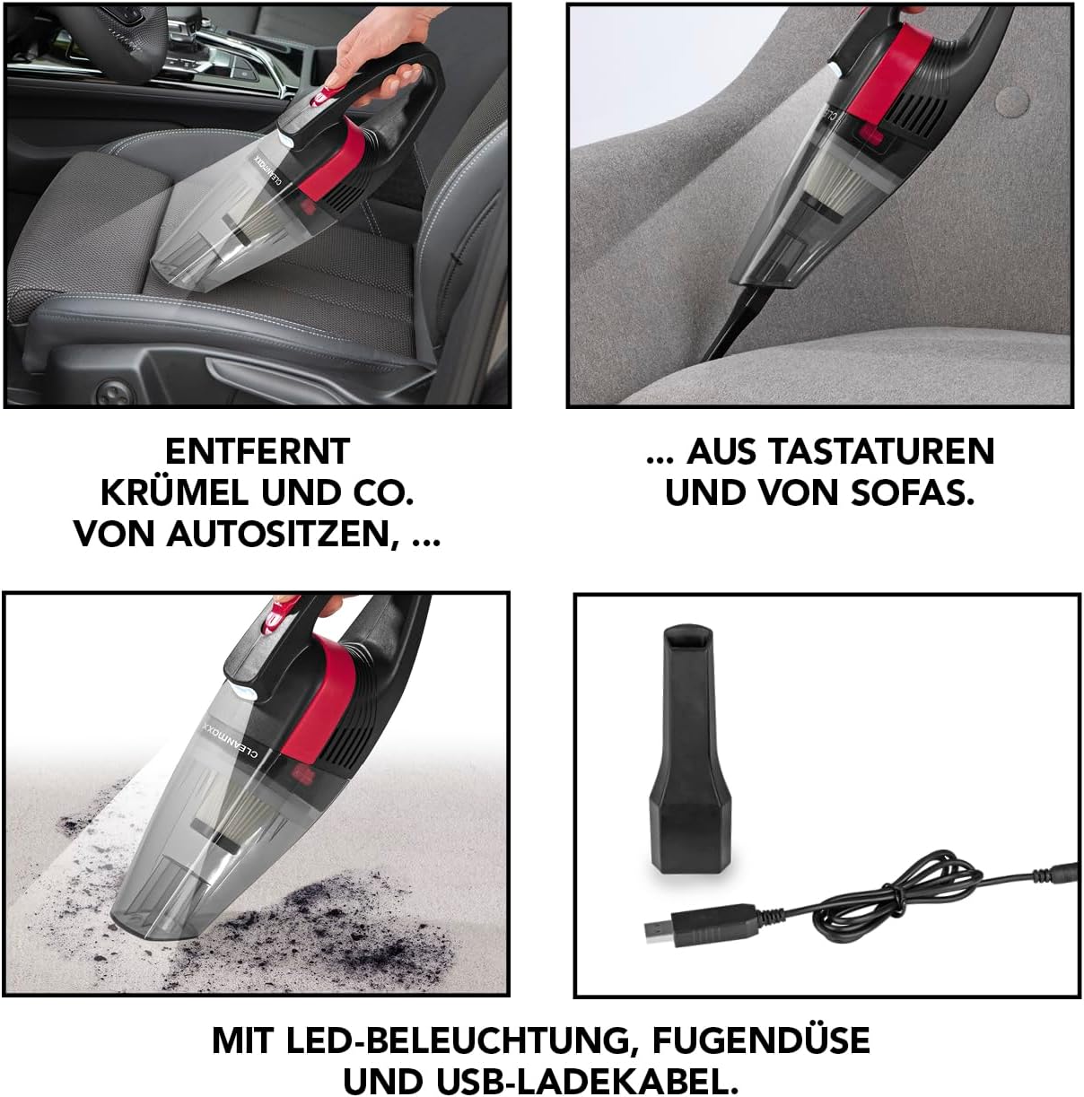 CLEANmaxx Akku-Handstaubsauger kabellos mit 3500 Pa Saugkraft, LED-Beleuchtung, Fugendüse, EPA-Filter 11 und USB-Ladekabel