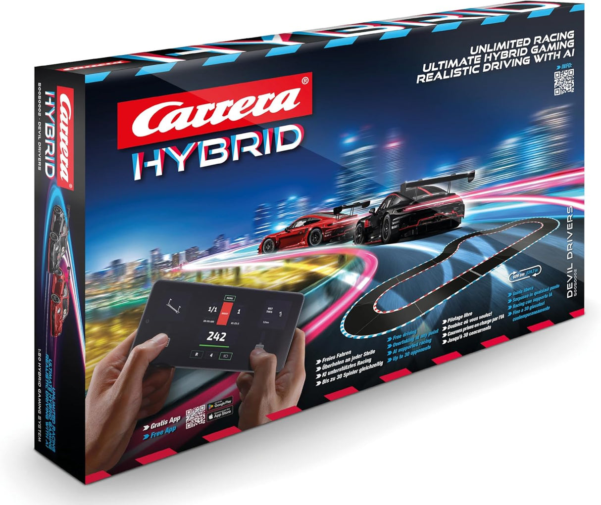 Carrera HYBRID Racing Set Devil Drivers mit 2 Porsche 911 GT3 R, App-Steuerung, KI-Unterstützung und 6,09 m Rennstrecke