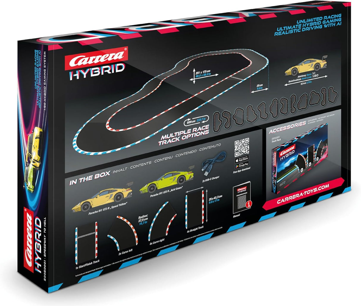Carrera HYBRID Racing Set Speedway to Hell mit 2 Porsche 911 GT3 R, App-Steuerung, KI-Unterstützung und 6,09 m Rennstrecke