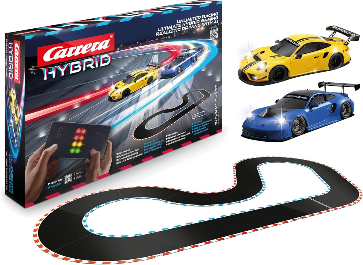 Carrera HYBRID Racing Set Runway Chase mit 2 Porsche 911 GT3 R, App-Steuerung, KI-Unterstützung und 6,09 m Rennstrecke