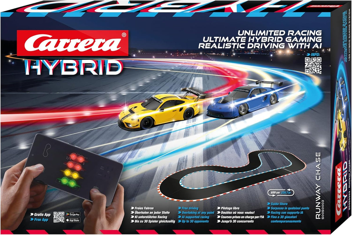 Carrera HYBRID Racing Set Runway Chase mit 2 Porsche 911 GT3 R, App-Steuerung, KI-Unterstützung und 6,09 m Rennstrecke