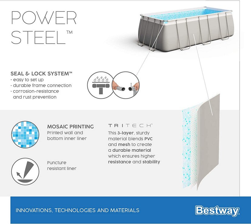 Bestway Power Steel Frame Pool-Set mit Filterpumpe 404 x 201 x 100 cm , lichtgrau, eckig