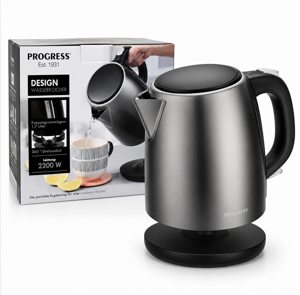 Progress Wasserkocher 1,7 L 2200 W Silber Schwarz Schnellkochfunktion
