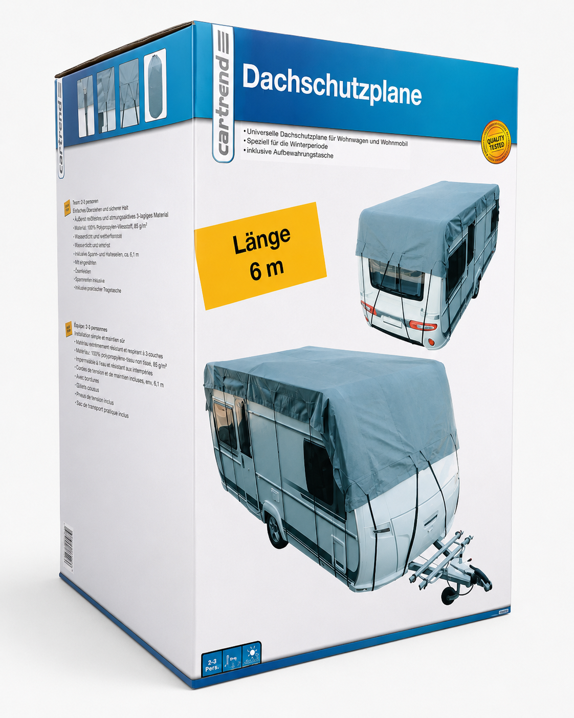 Cartrend Caravan Dachschutzplane für Wohnwagen und Reisemobile, 3 m Breite, atmungsaktiv, UV-stabilisiert, wählbar von 5 bis 8,5 m Länge