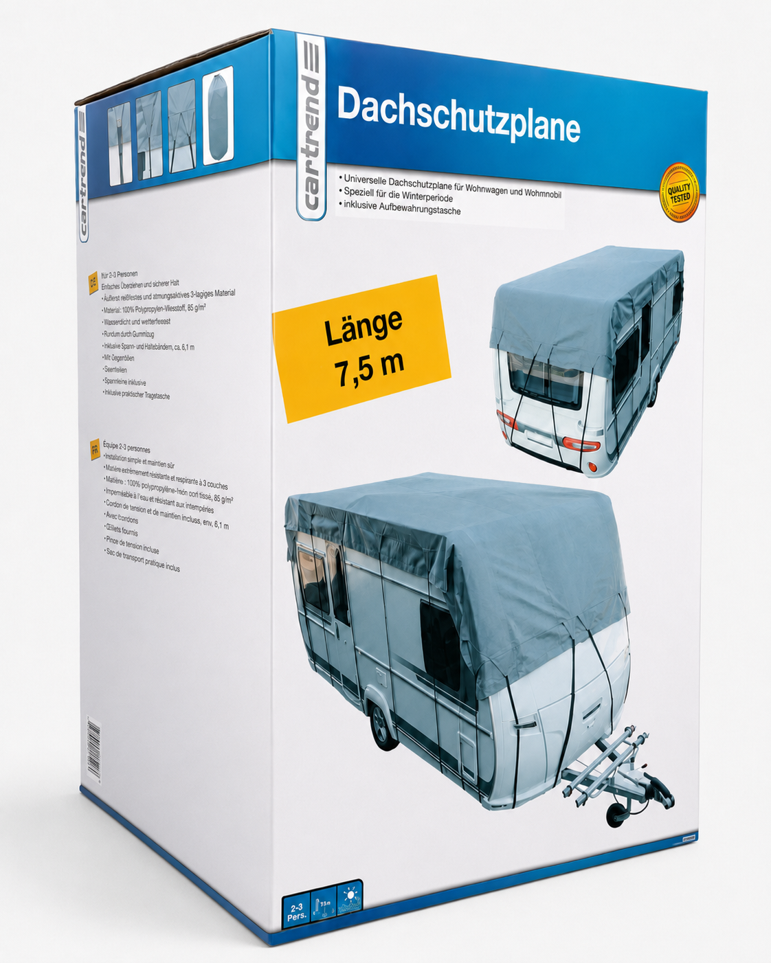 Cartrend Caravan Dachschutzplane für Wohnwagen und Reisemobile, 3 m Breite, atmungsaktiv, UV-stabilisiert, wählbar von 5 bis 8,5 m Länge