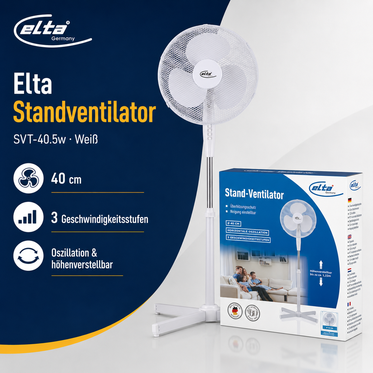Elta Standventilator SVT-40.5w weiß, 40 cm, 45 W, 3 Geschwindigkeitsstufen, 90° Oszillation und Höhenverstellung bis ca. 1,22 m