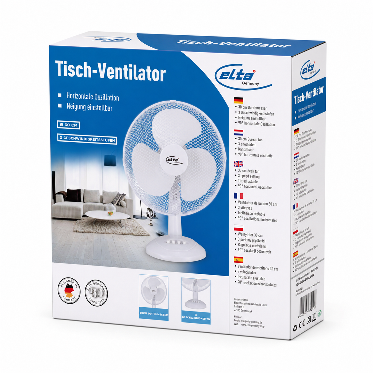 Elta Tischventilator TVT-30.2 weiß, 30 cm, 30 W, 3 Geschwindigkeitsstufen, 90° Oszillation und verstellbare Neigung