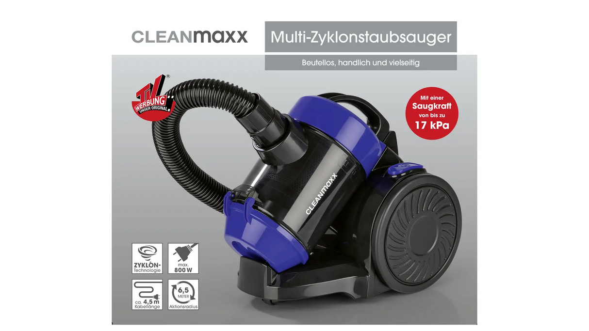 CLEANmaxx 19133 Multi-Zyklonstaubsauger 800 W Beutellos EPA-Filter | 17 kPa BLAU