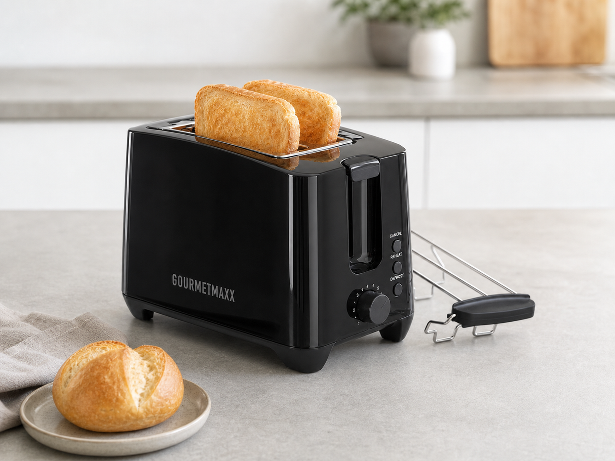 GOURMETmaxx Toaster 750W 2 Scheiben schwarz Brötchenaufsatz