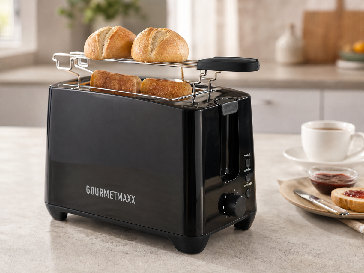GOURMETmaxx Toaster 750W 2 Scheiben schwarz Brötchenaufsatz