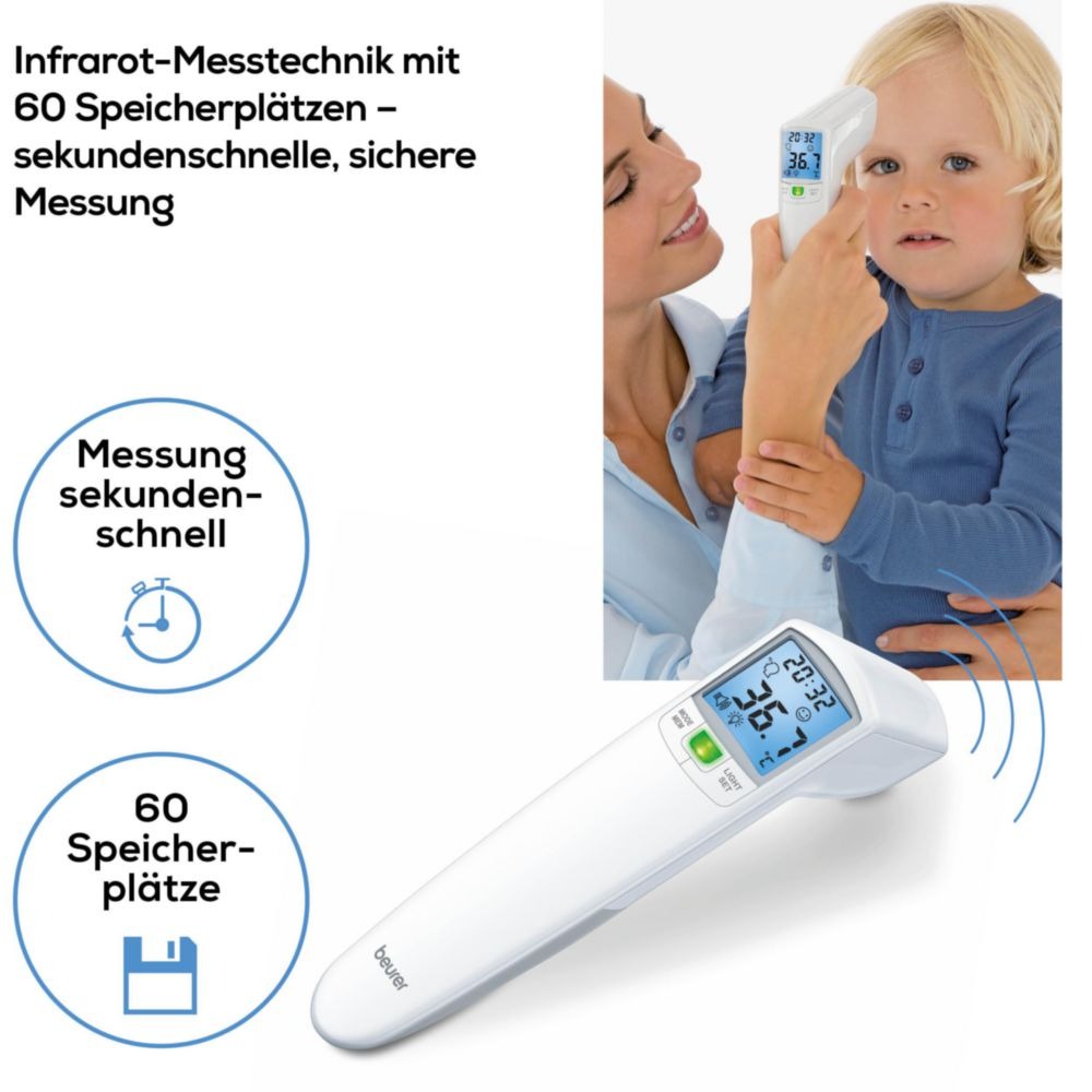 Beurer FT 100 kontaktloses Infrarot-Fieberthermometer für Stirn, Objekt- und Raumtemperatur