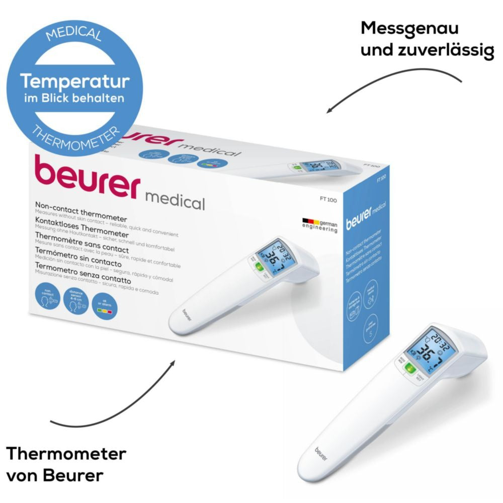Beurer FT 100 kontaktloses Infrarot-Fieberthermometer für Stirn, Objekt- und Raumtemperatur