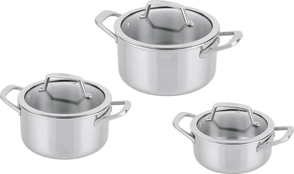 Ninja EverClad 3-teiliges Edelstahl-Topfset C93000DE mit Glasdeckeln, 16/18/20 cm, induktionsgeeignet und ofenfest bis 315 °C