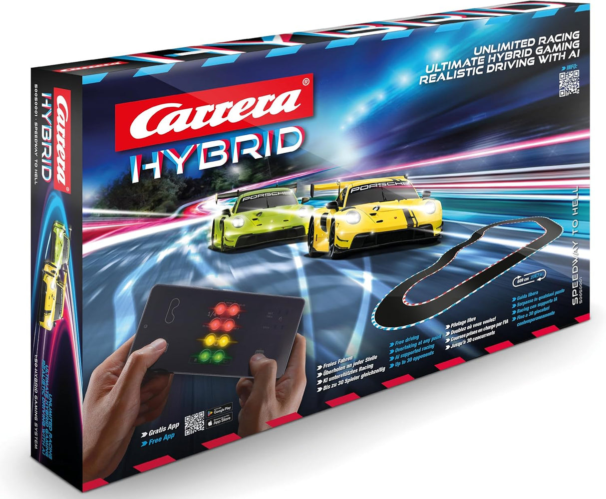 Carrera HYBRID Racing Set Speedway to Hell mit 2 Porsche 911 GT3 R, App-Steuerung, KI-Unterstützung und 6,09 m Rennstrecke