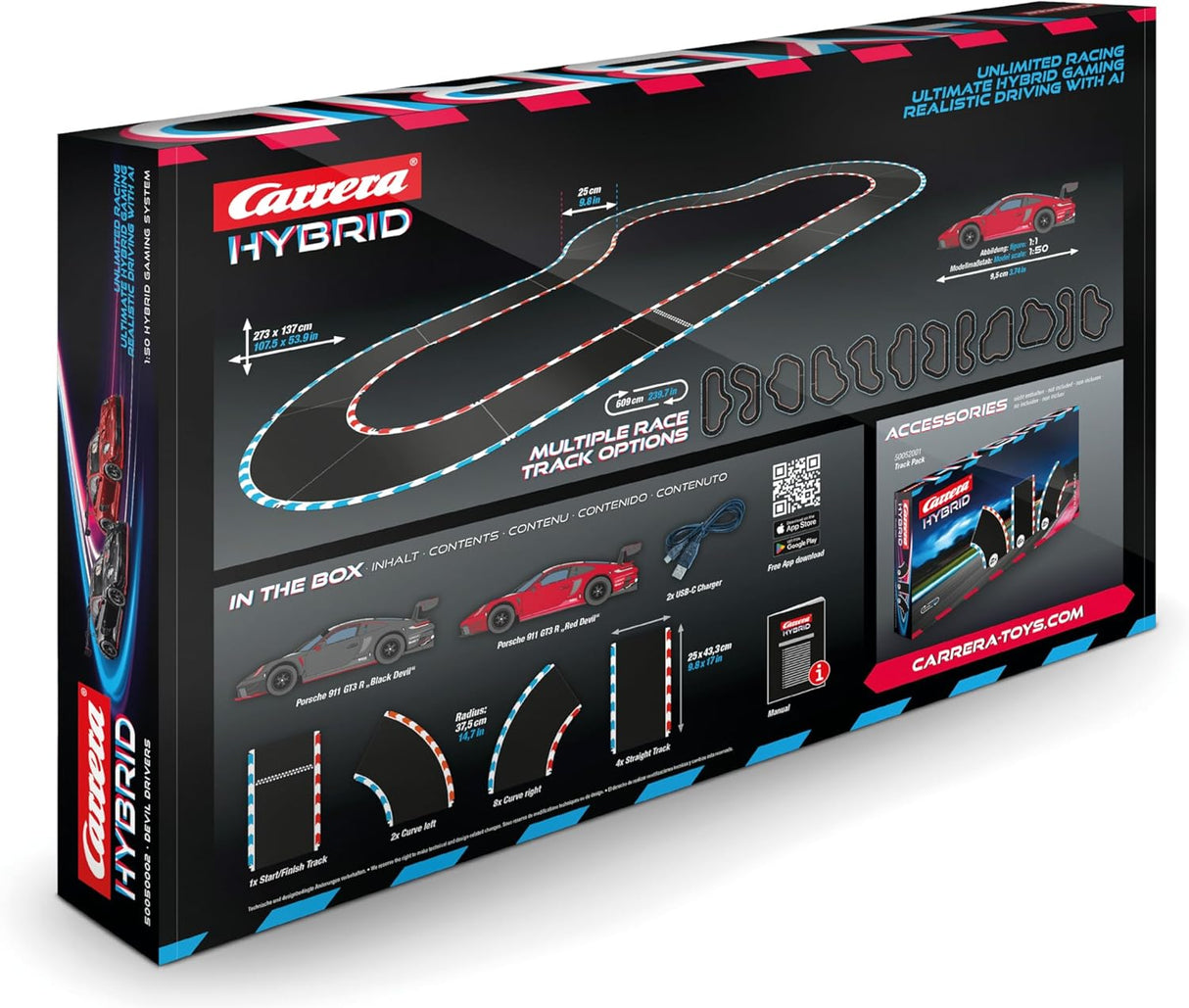 Carrera HYBRID Racing Set Devil Drivers mit 2 Porsche 911 GT3 R, App-Steuerung, KI-Unterstützung und 6,09 m Rennstrecke