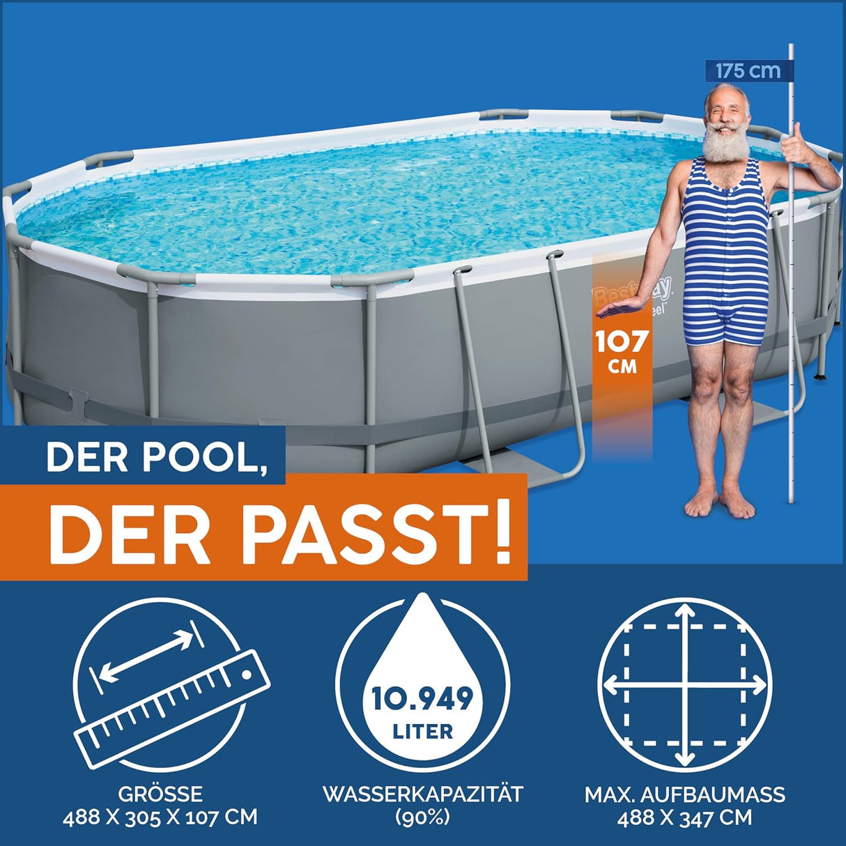 Bestway® Power Steel™ Frame Pool Komplett-Set mit Filterpumpe 488 x 305 x 107 cm, grau, oval