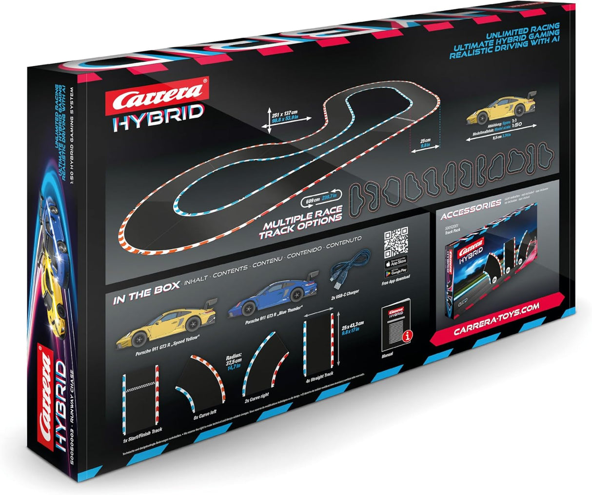 Carrera HYBRID Racing Set Runway Chase mit 2 Porsche 911 GT3 R, App-Steuerung, KI-Unterstützung und 6,09 m Rennstrecke