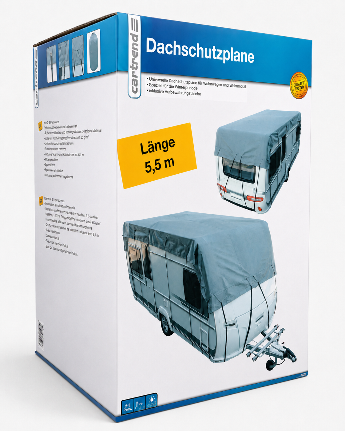 Cartrend Caravan Dachschutzplane für Wohnwagen und Reisemobile, 3 m Breite, atmungsaktiv, UV-stabilisiert, wählbar von 5 bis 8,5 m Länge