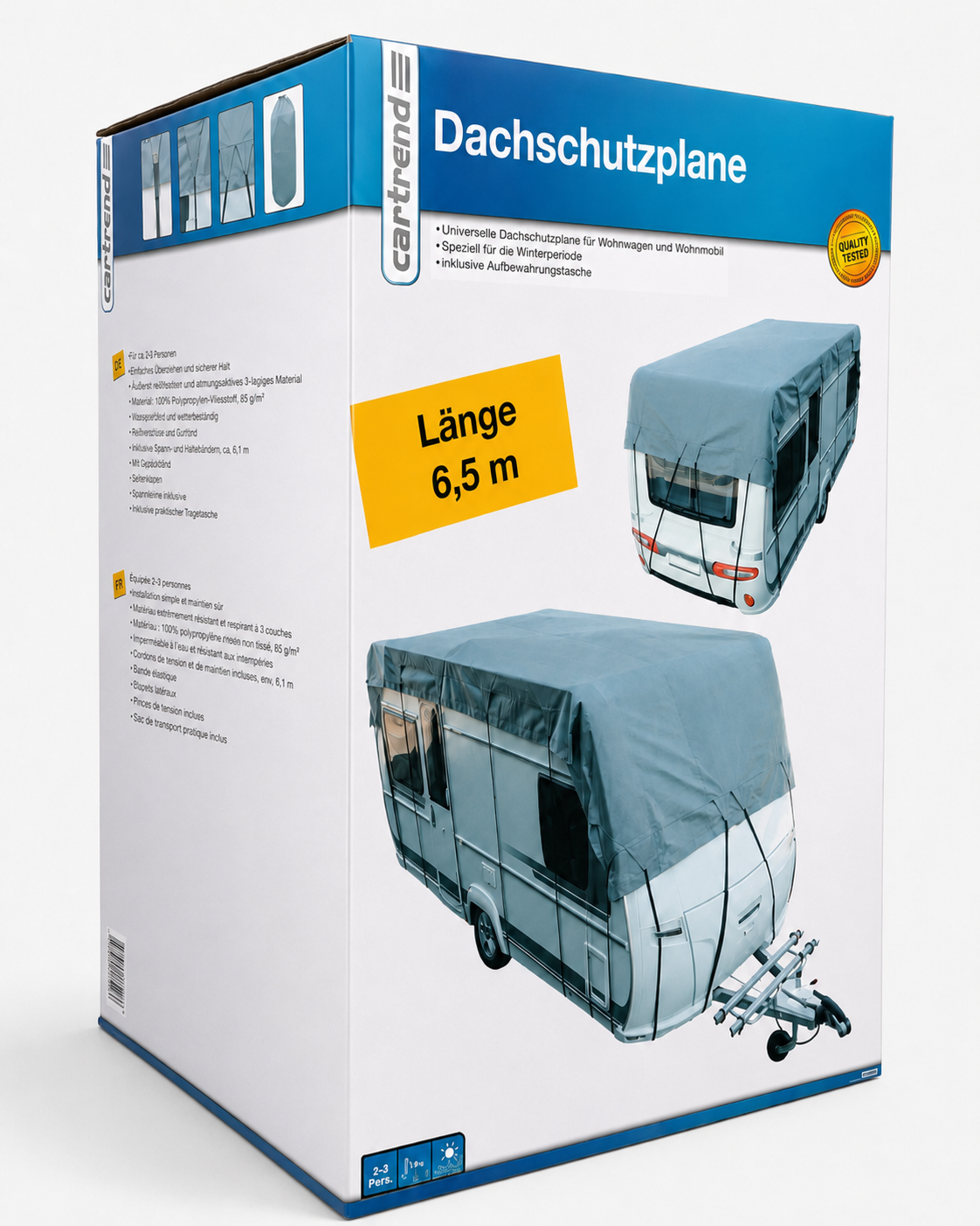Cartrend Caravan Dachschutzplane für Wohnwagen und Reisemobile, 3 m Breite, atmungsaktiv, UV-stabilisiert, wählbar von 5 bis 8,5 m Länge