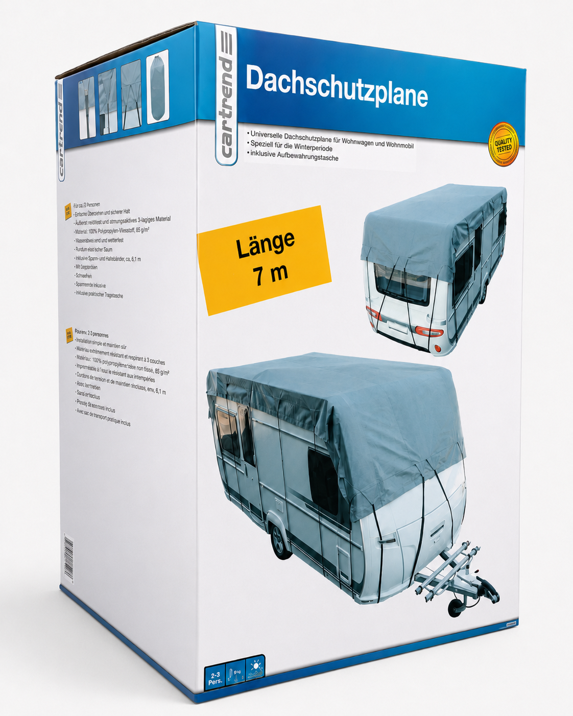 Cartrend Caravan Dachschutzplane für Wohnwagen und Reisemobile, 3 m Breite, atmungsaktiv, UV-stabilisiert, wählbar von 5 bis 8,5 m Länge