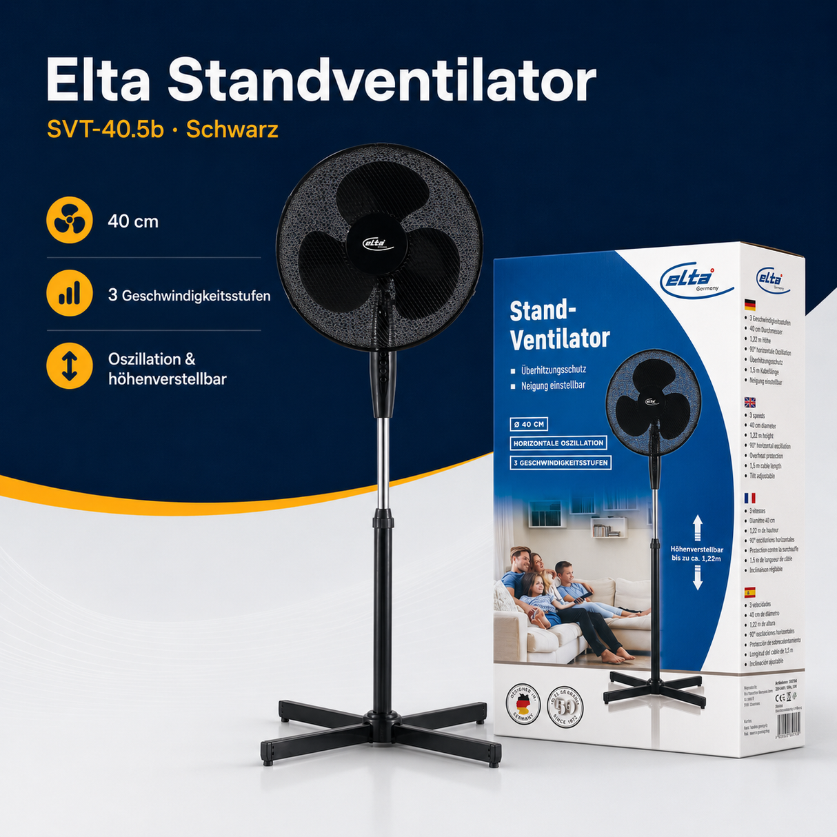 Elta Standventilator SVT-40.5b schwarz, 40 cm, 45 W, 3 Geschwindigkeitsstufen, 90° Oszillation und höhenverstellbar bis ca. 1,22 m