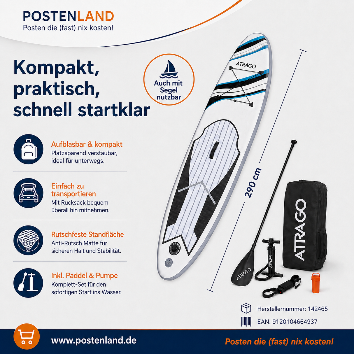 Stand Up Paddle I-SUB 290 Penguin Aufblasbares SUB Board Set