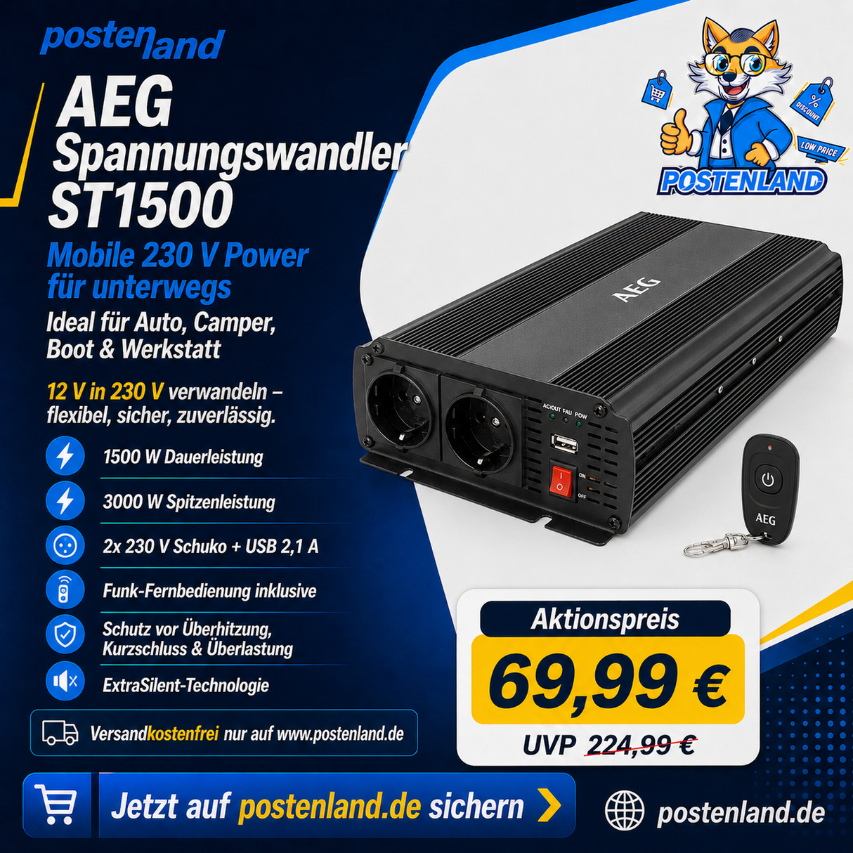 AEG Spannungswandler 1500 W – 12 V DC auf 230 V AC Wechselrichter
