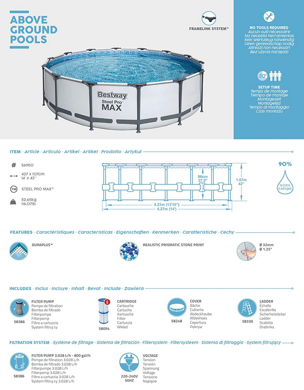 Bestway Steel Pro MAX Frame Pool Komplett-Set mit Filterpumpe Ø 427 x 107 cm lichtgrau rund