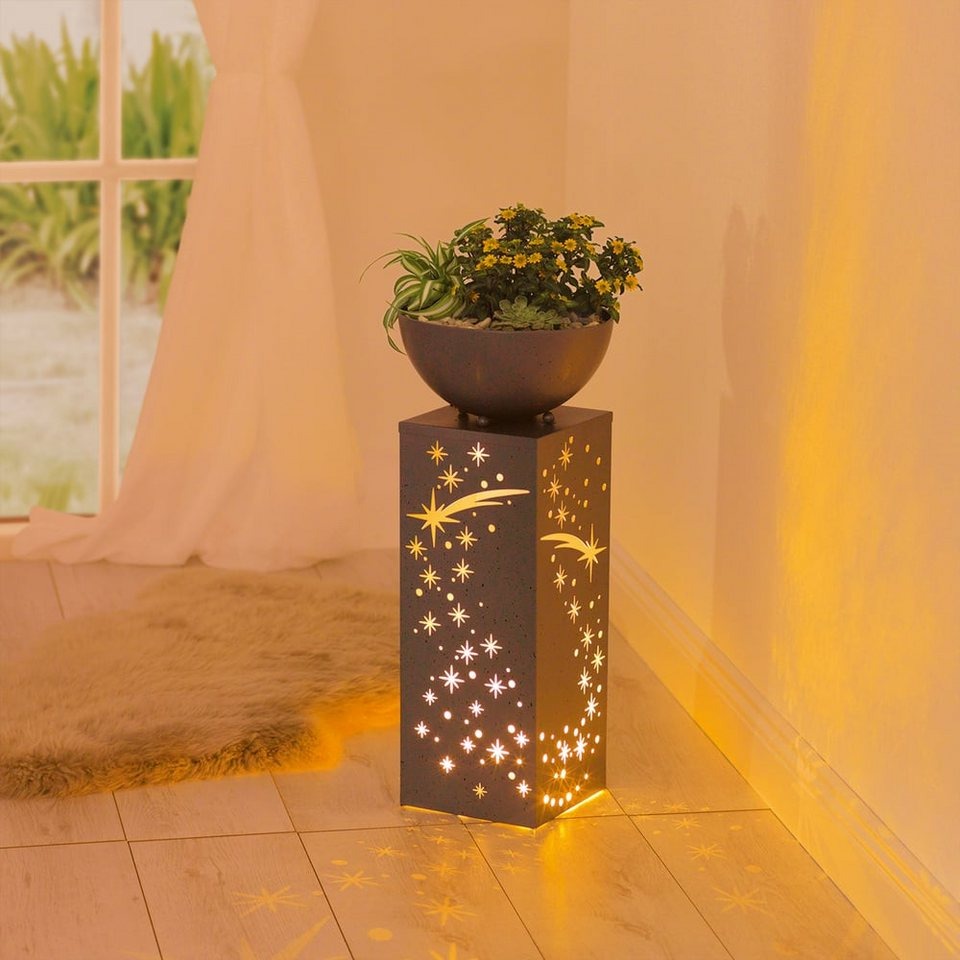EASYmaxx LED-Dekosäule Sternschnuppe 59 cm in grauer Beton-Optik mit Pflanzschale, warmweißem LED-Licht, Timer und IP44