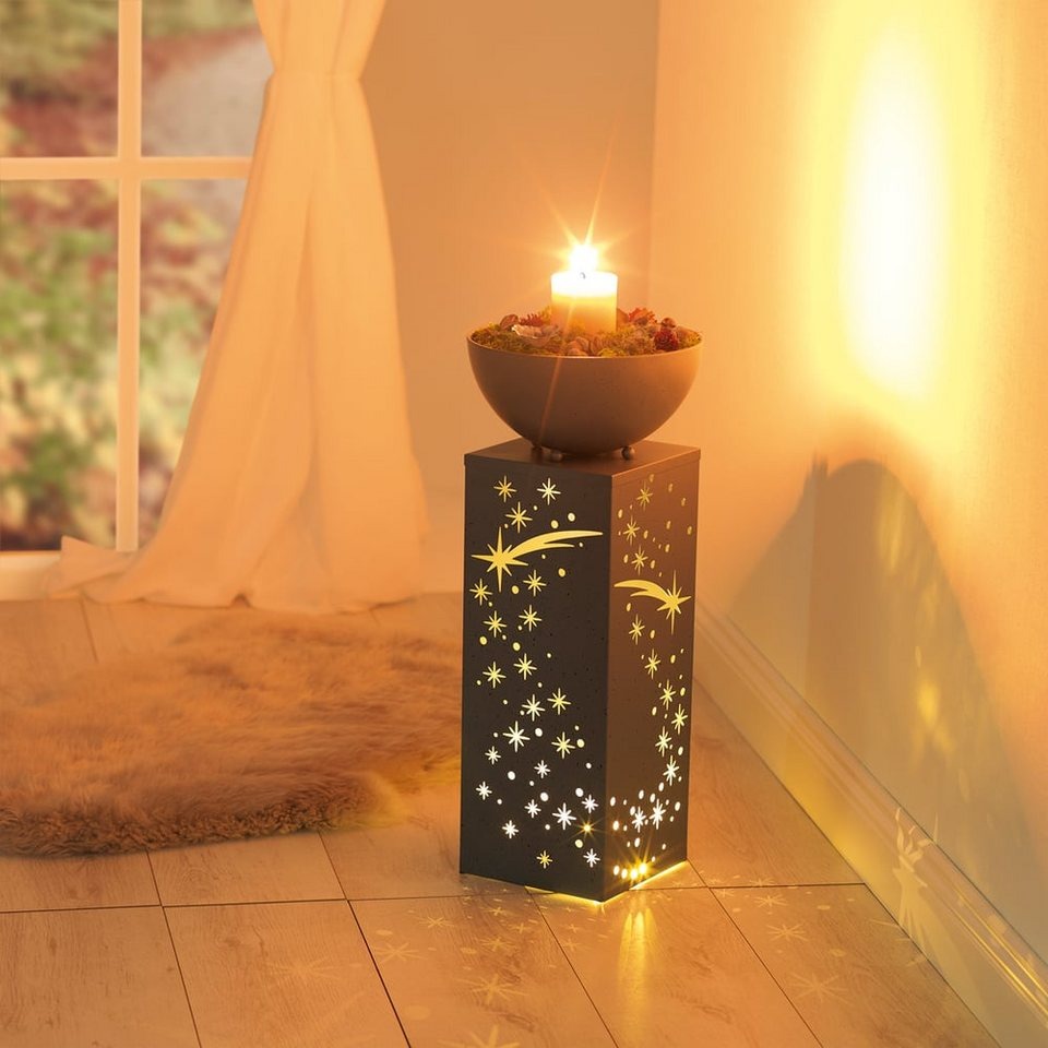EASYmaxx LED-Dekosäule Sternschnuppe 59 cm in grauer Beton-Optik mit Pflanzschale, warmweißem LED-Licht, Timer und IP44