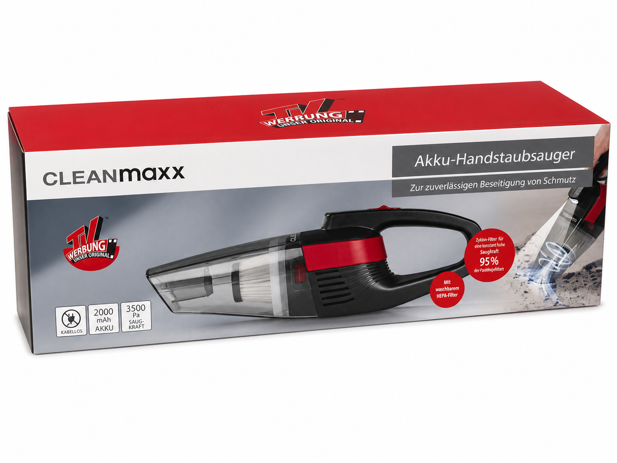 CLEANmaxx Akku-Handstaubsauger kabellos mit 3500 Pa Saugkraft, LED-Beleuchtung, Fugendüse, EPA-Filter 11 und USB-Ladekabel