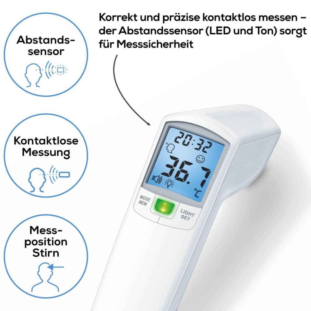 Beurer FT 100 kontaktloses Infrarot-Fieberthermometer für Stirn, Objekt- und Raumtemperatur