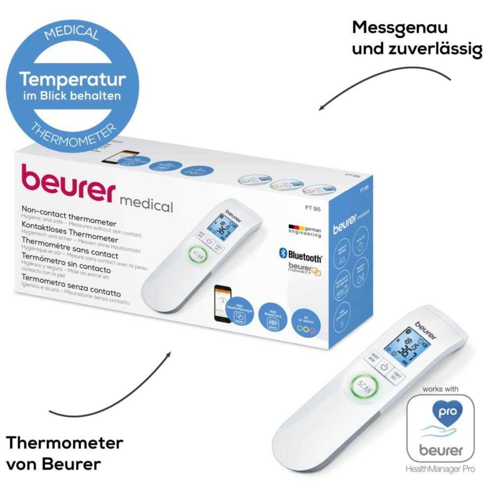 Beurer FT 95 kontaktloses Infrarot-Fieberthermometer für Stirn, Objekt- und Raumtemperatur