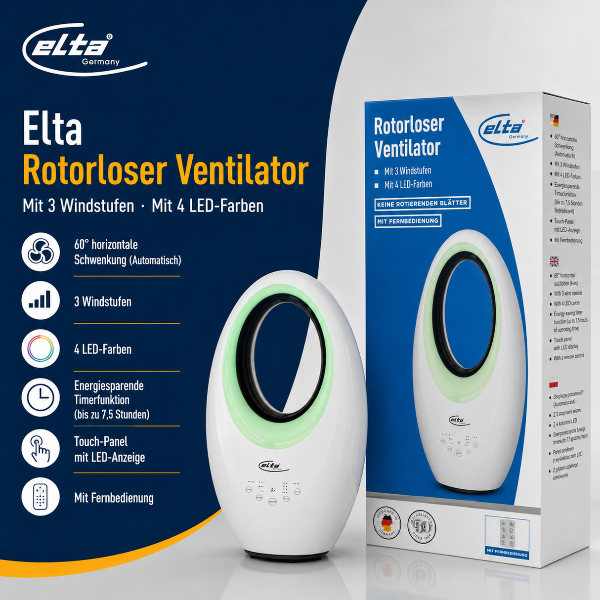 Elta Rotorloser Ventilator mit 3 Windstufen 4 LED Farben mit Fernbedienung